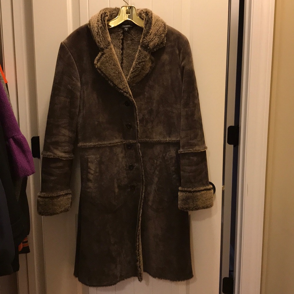 Suede Leather coat with faux fur lining.
